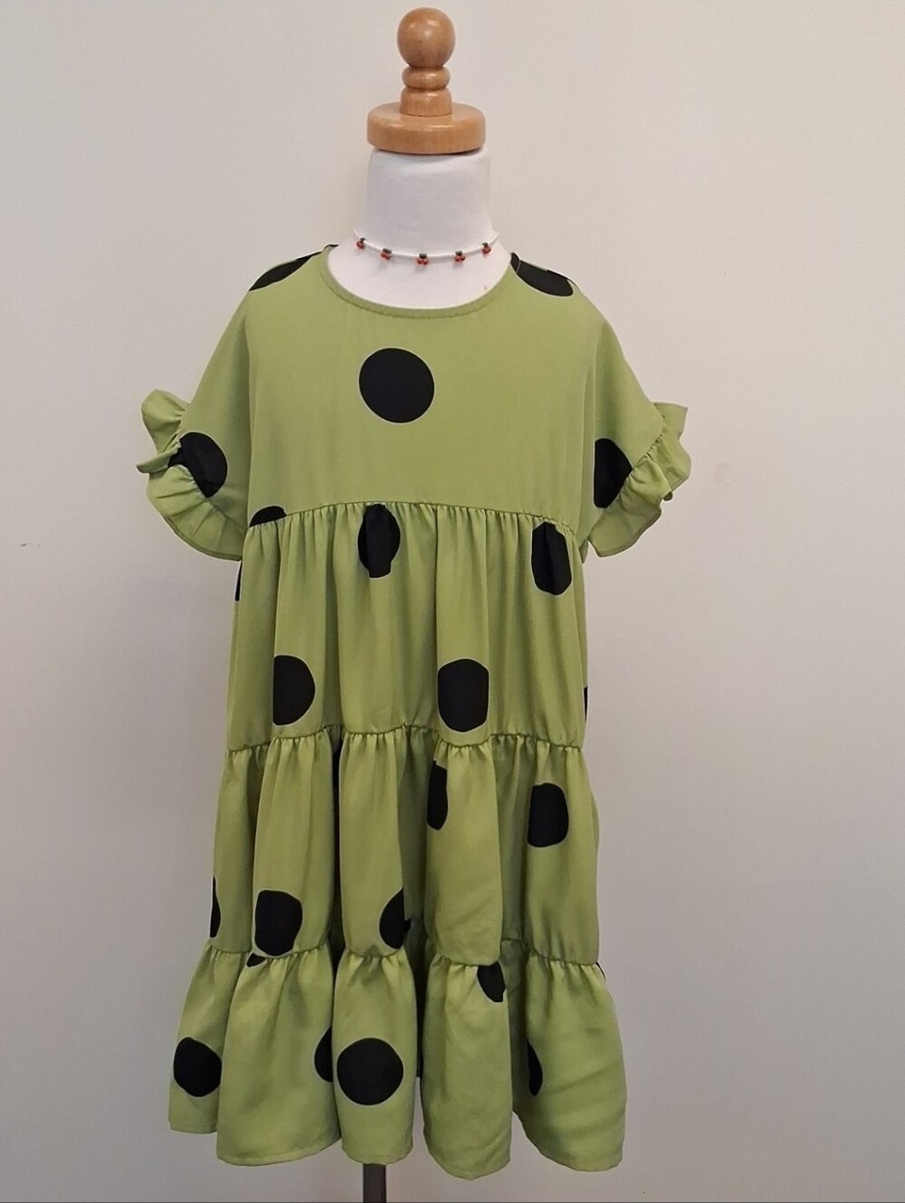 SHEIN Girls Green Black Polka Dot Tiered Ruffle Dress Size 10Y